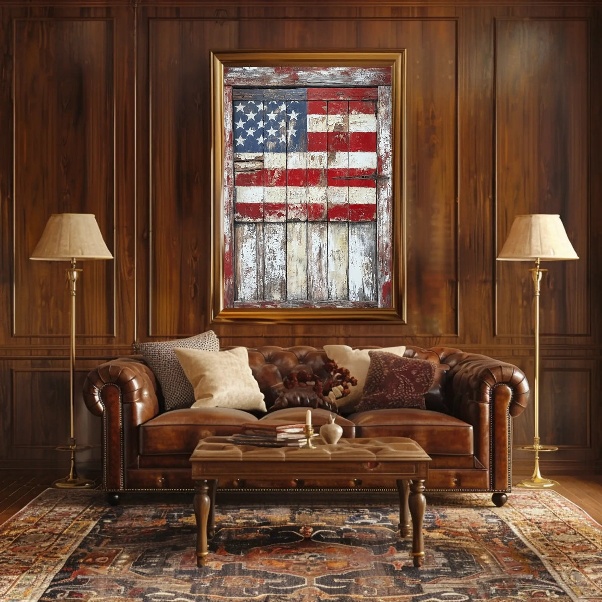 Rustic Wooden Barn Door With Faded American Flag Poster