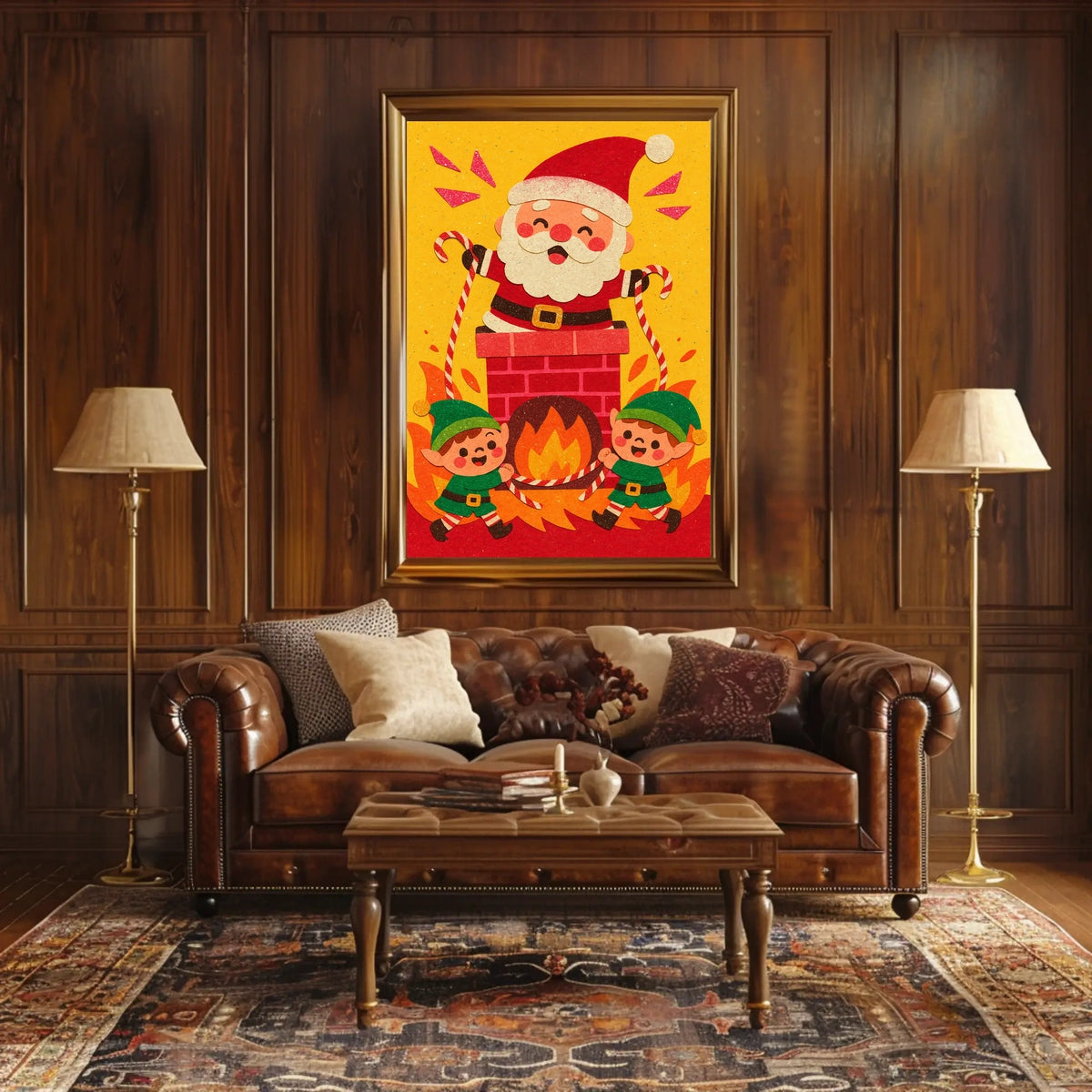 This whimsical poster depicts a festive Christmas scene with Santa Claus and two Travel Poster