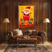 This whimsical poster depicts a festive Christmas scene with Santa Claus and two Travel Poster