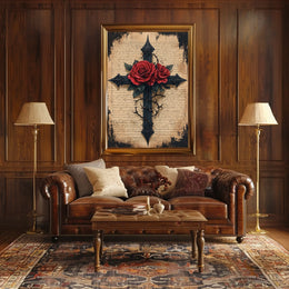 Gothic Cross with Red Roses Artistic Wall Decor Poster
