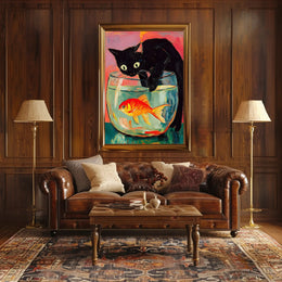 Curious Cat And Goldfish Poster Colorful Art Print