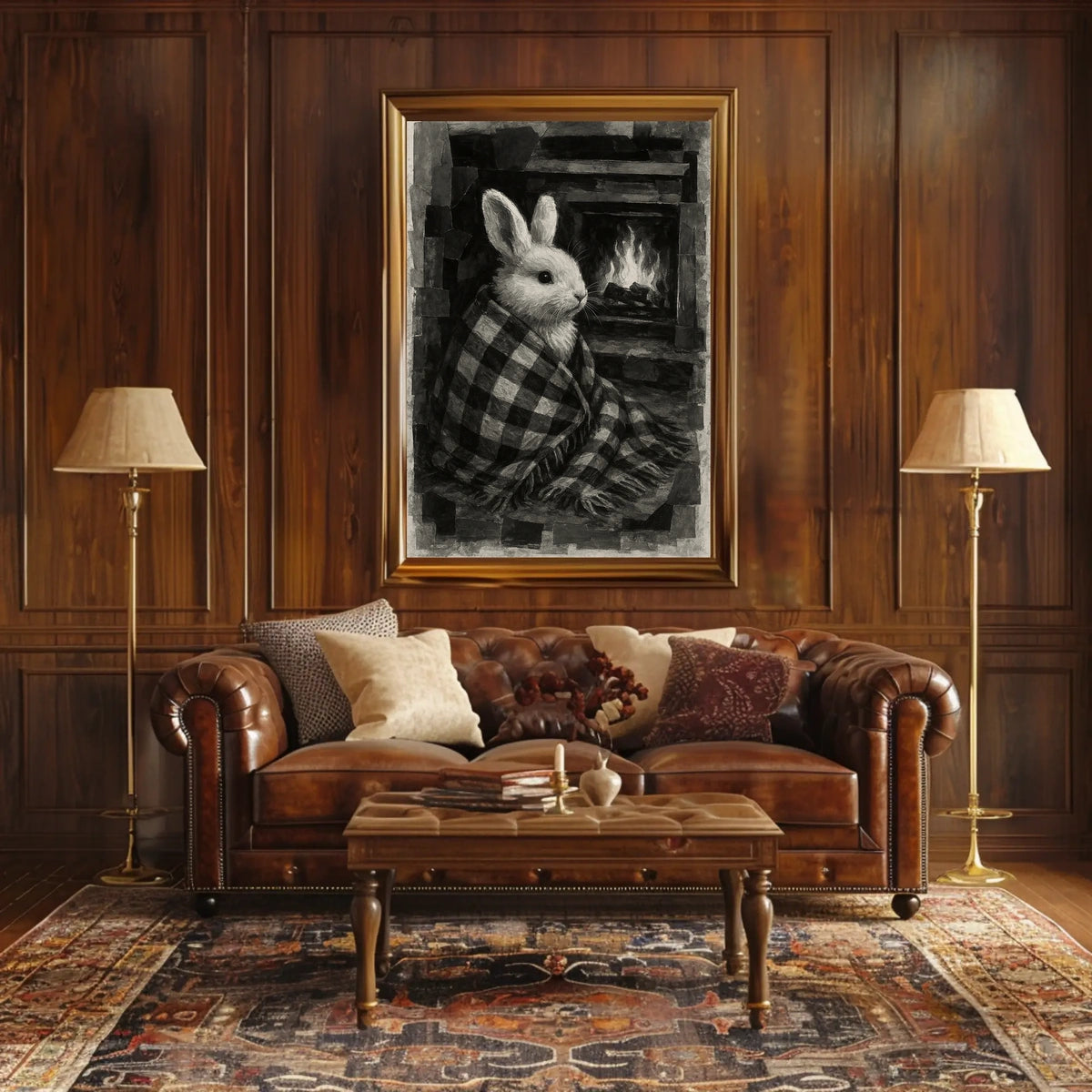 Cozy Bunny by the Fireplace Poster