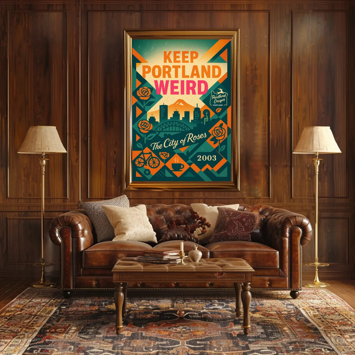 Portland Oregon Vintage Skyline Poster with Local Icons