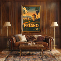 Fresno Vintage Travel Art Poster with Sunset Scenery