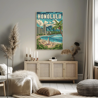 Honolulu Vintage Poster Sailing and Skyscrapers