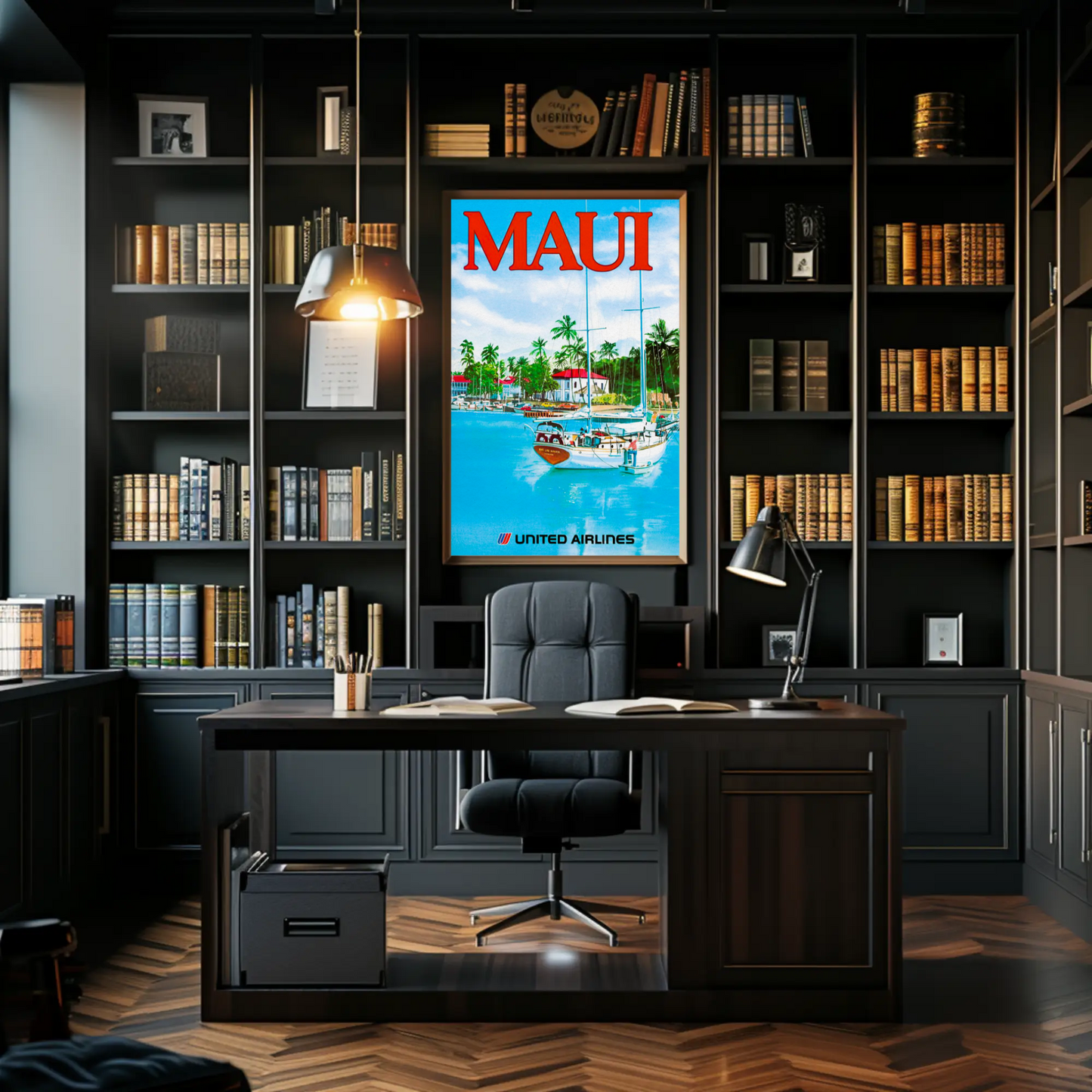 Maui Hawaii Harbor Sailboats Airlines Travel Poster