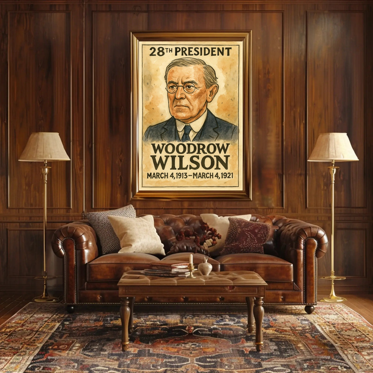 Woodrow Wilson 28th President of the United States Exaggerated Cartoon Sketch Poster