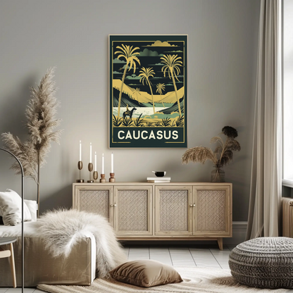 Caucasus Desert Palms Camel Rider Landscape Vintage Travel Poster