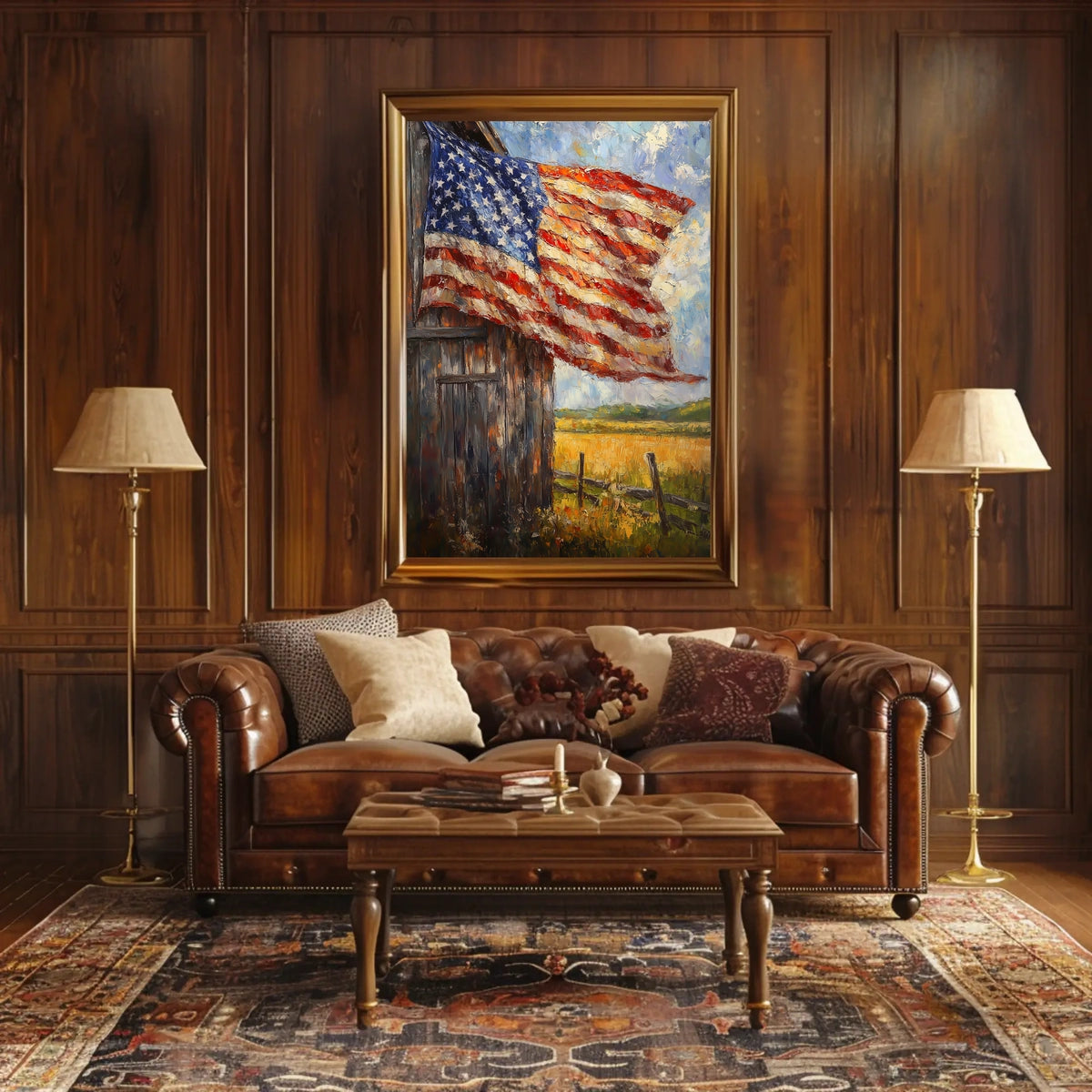 Flag Draped Rustic Wooden Barn Landscape With Fence Poster