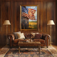 Flag Draped Rustic Wooden Barn Landscape With Fence Poster