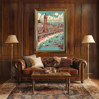 Vintage Coastal Town Illustration Poster