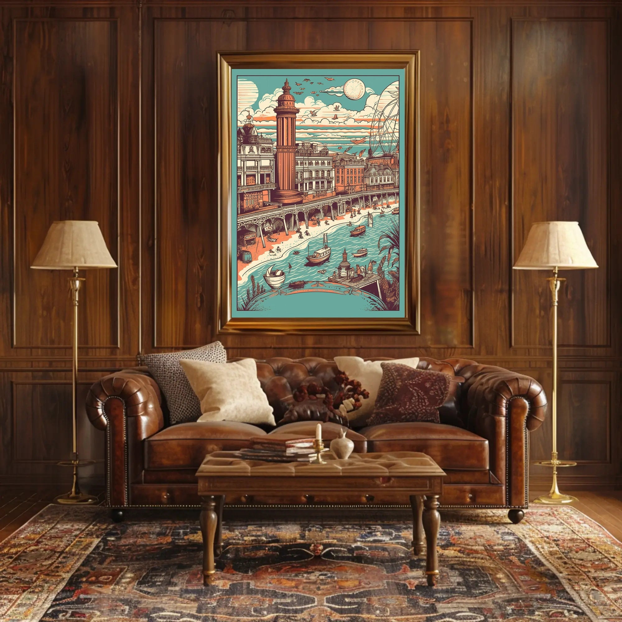 Vintage Coastal Town Illustration Poster