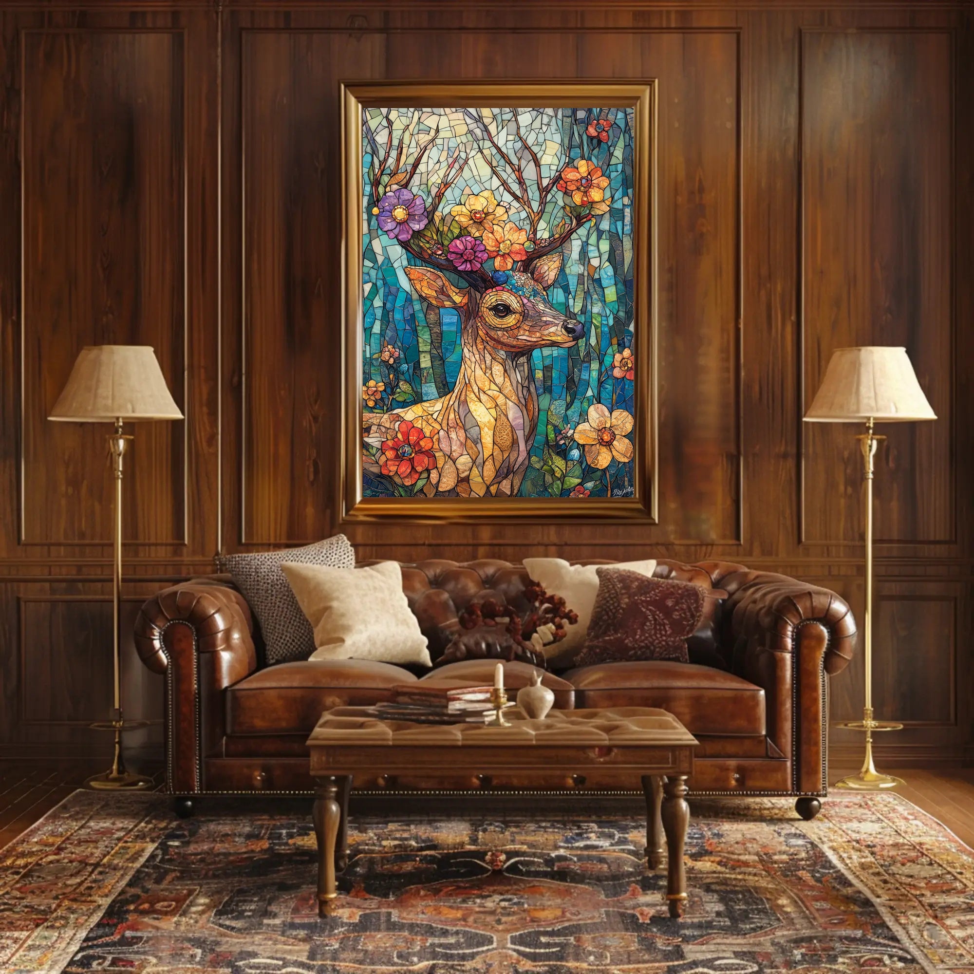 Deer in Vibrant Stained Glass Art Poster