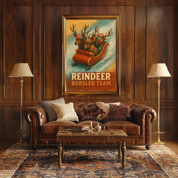 Whimsical Reindeer Bobsled Team Festive Sports Poster