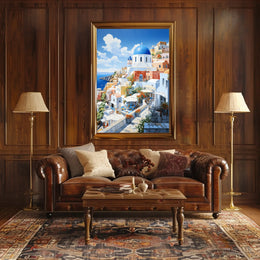 Santorini White and Blue Coastal Scene Travel Poster