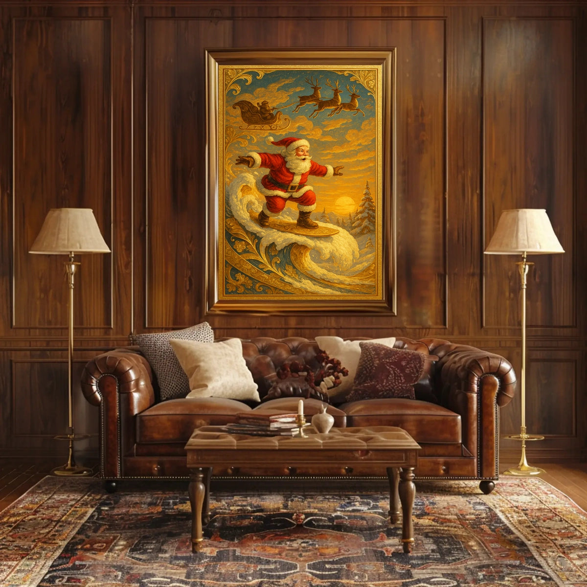 Santa Claus Surfing Vintage Christmas Poster