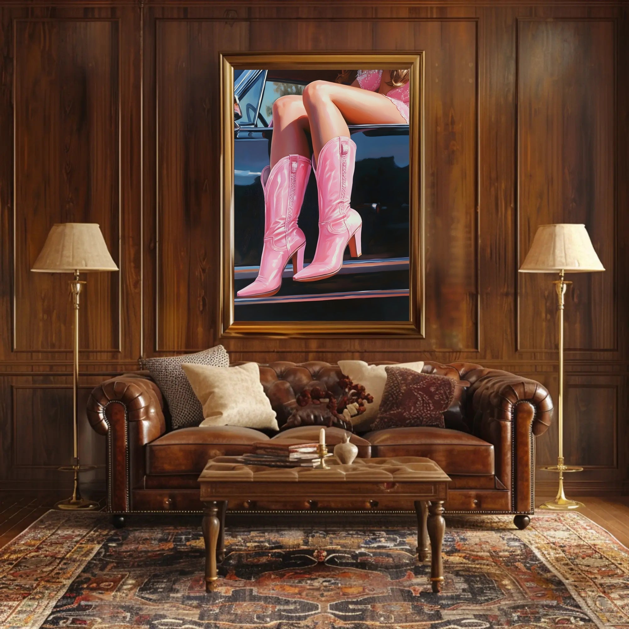 Pink Boots And Classic Car Poster Vintage Wall Art