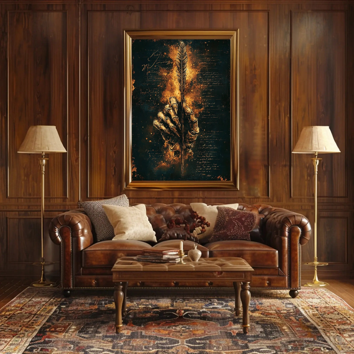 Skeleton Hand with Fiery Quill Artistic Poster