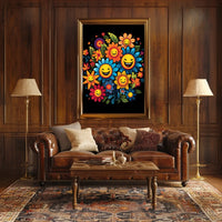 Joyful Floral Faces: Whimsical Art Poster Print
