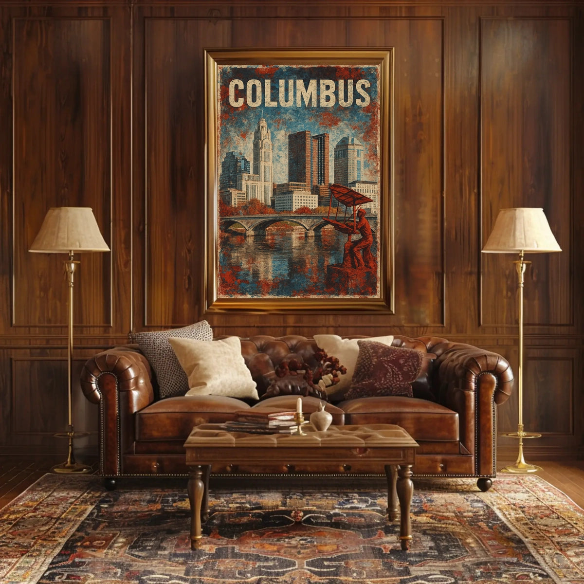 Art Deco Columbus Skyline Nostalgic Vintage Travel Poster