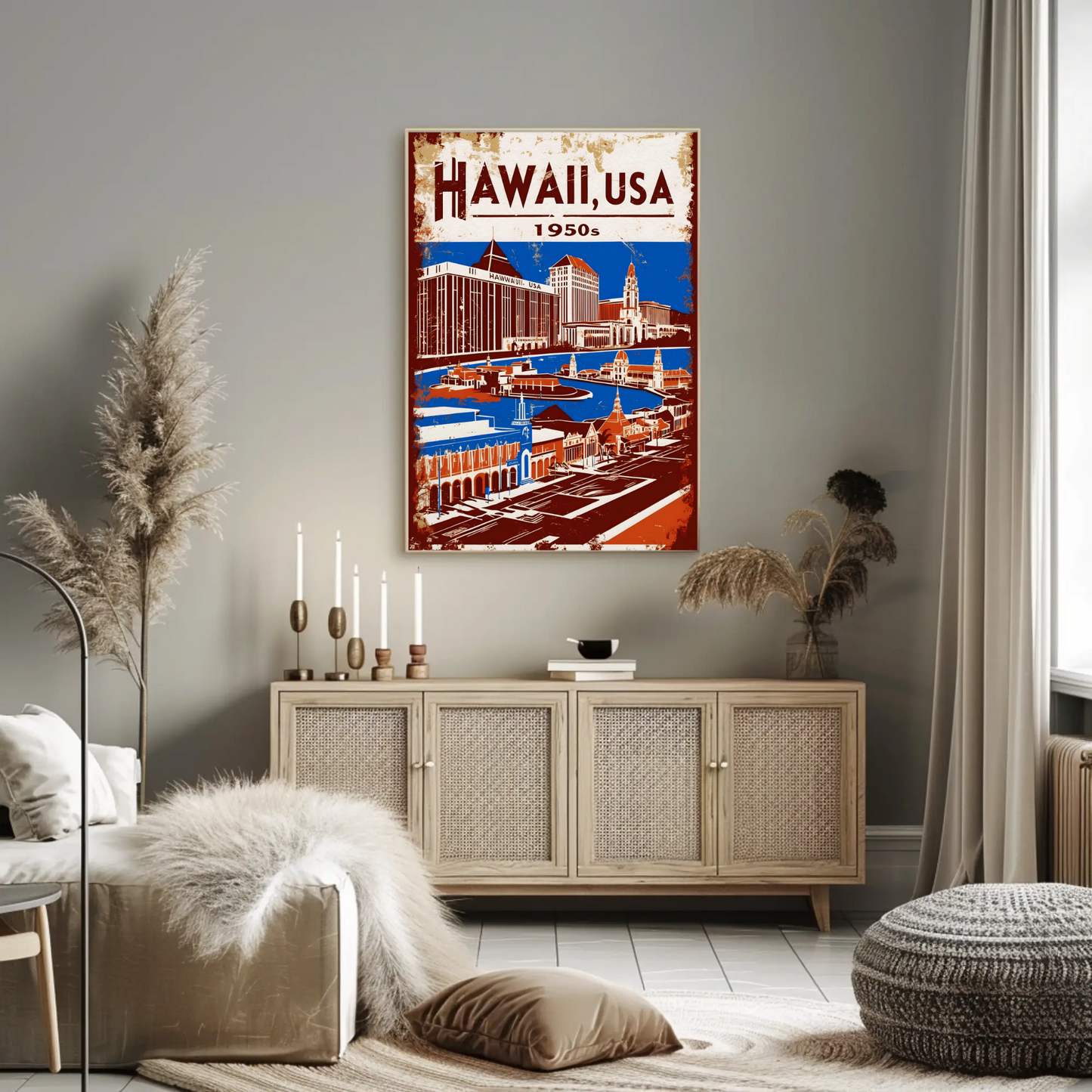 Hawaii USA 1950s Island Life Vintage Maroon Travel Poster