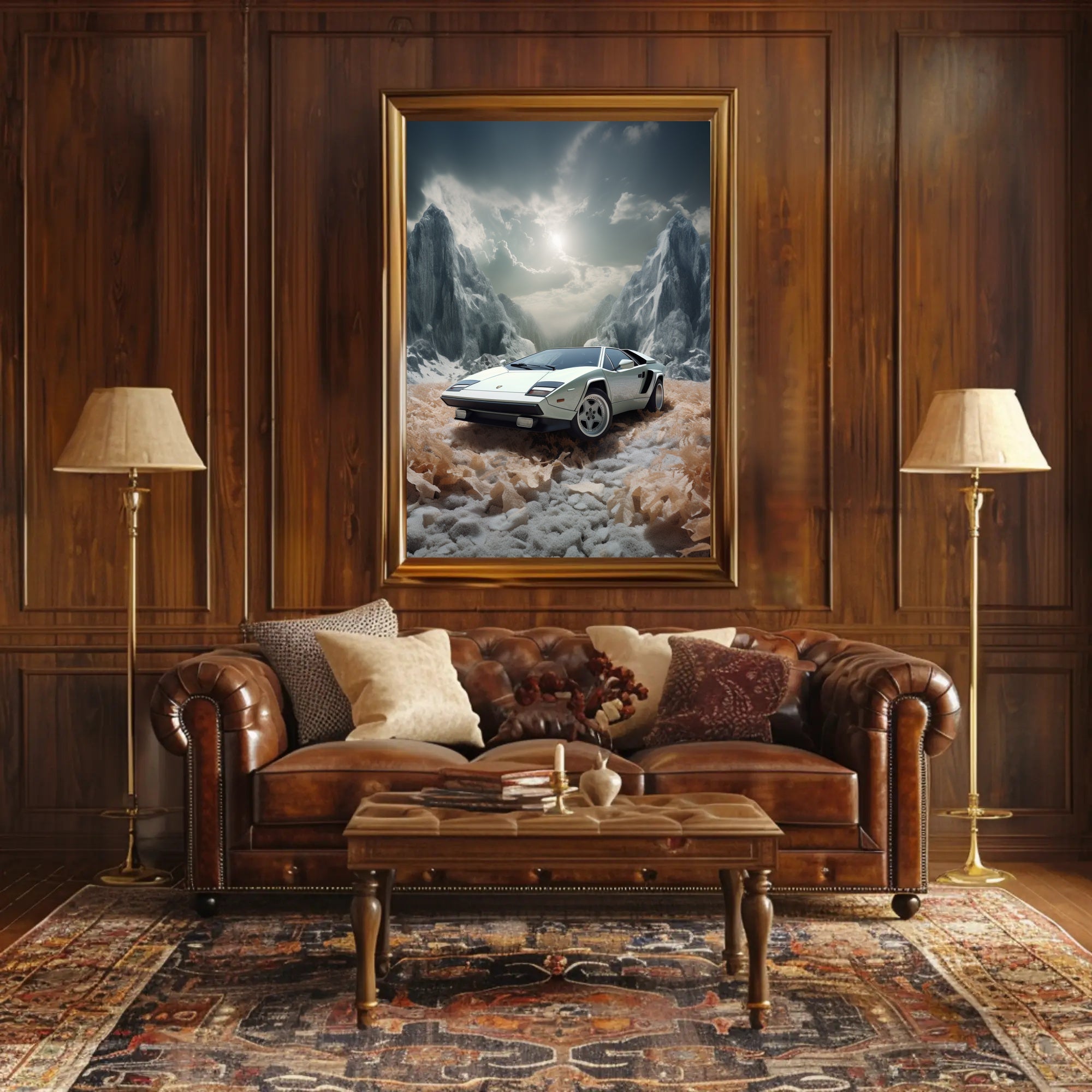 Classic Supercar in a Surreal Landscape Poster PosterGoat