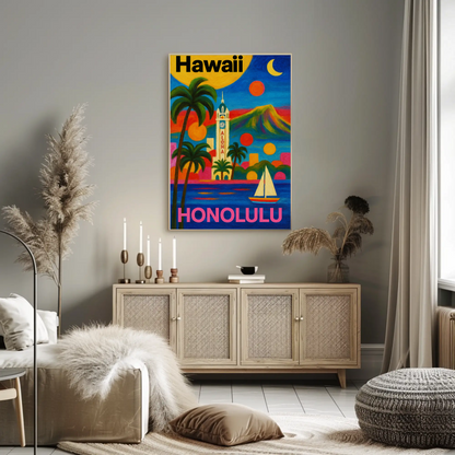 Honolulu Hawaii Skyline Retro Vintage Travel Poster