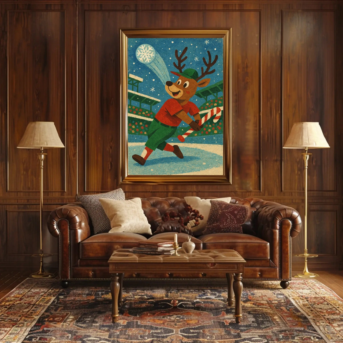 Whimsical Reindeer Baseball Holiday Poster Vintage Style