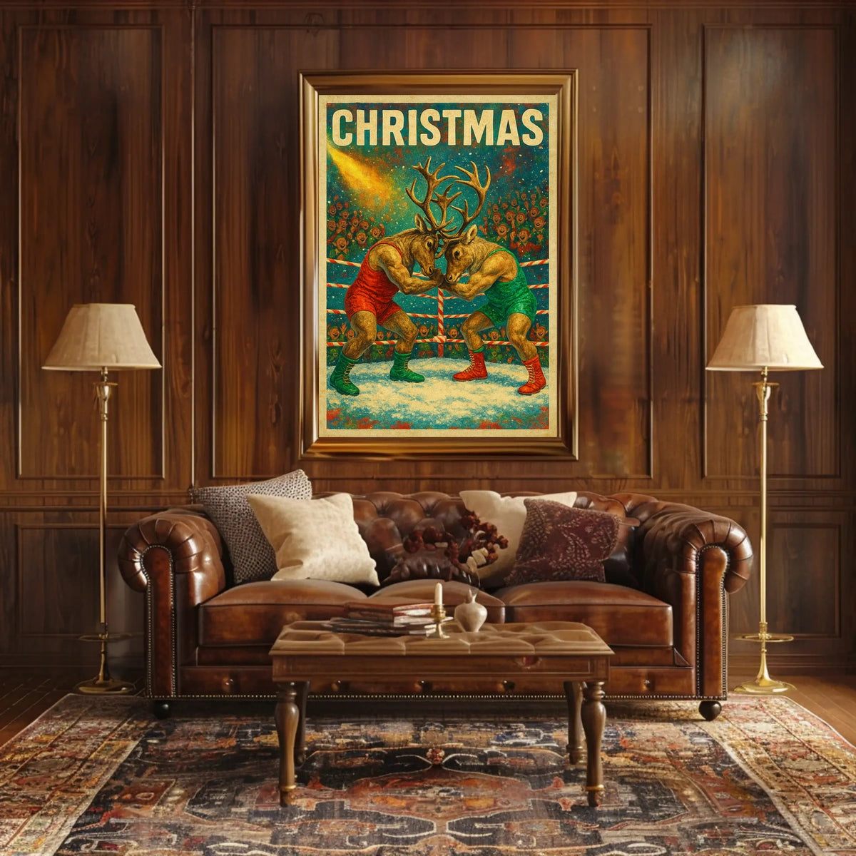 Whimsical Reindeer Wrestling Christmas Fantasy or Mythology Poster