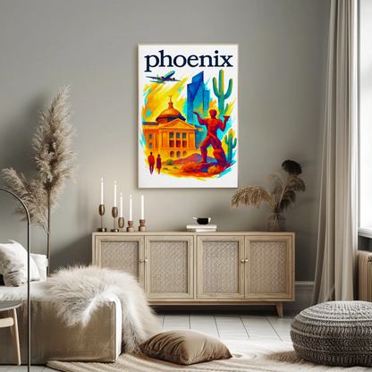 Phoenix Capitol Cactus Statue Airplane Desert Vintage Travel Poster