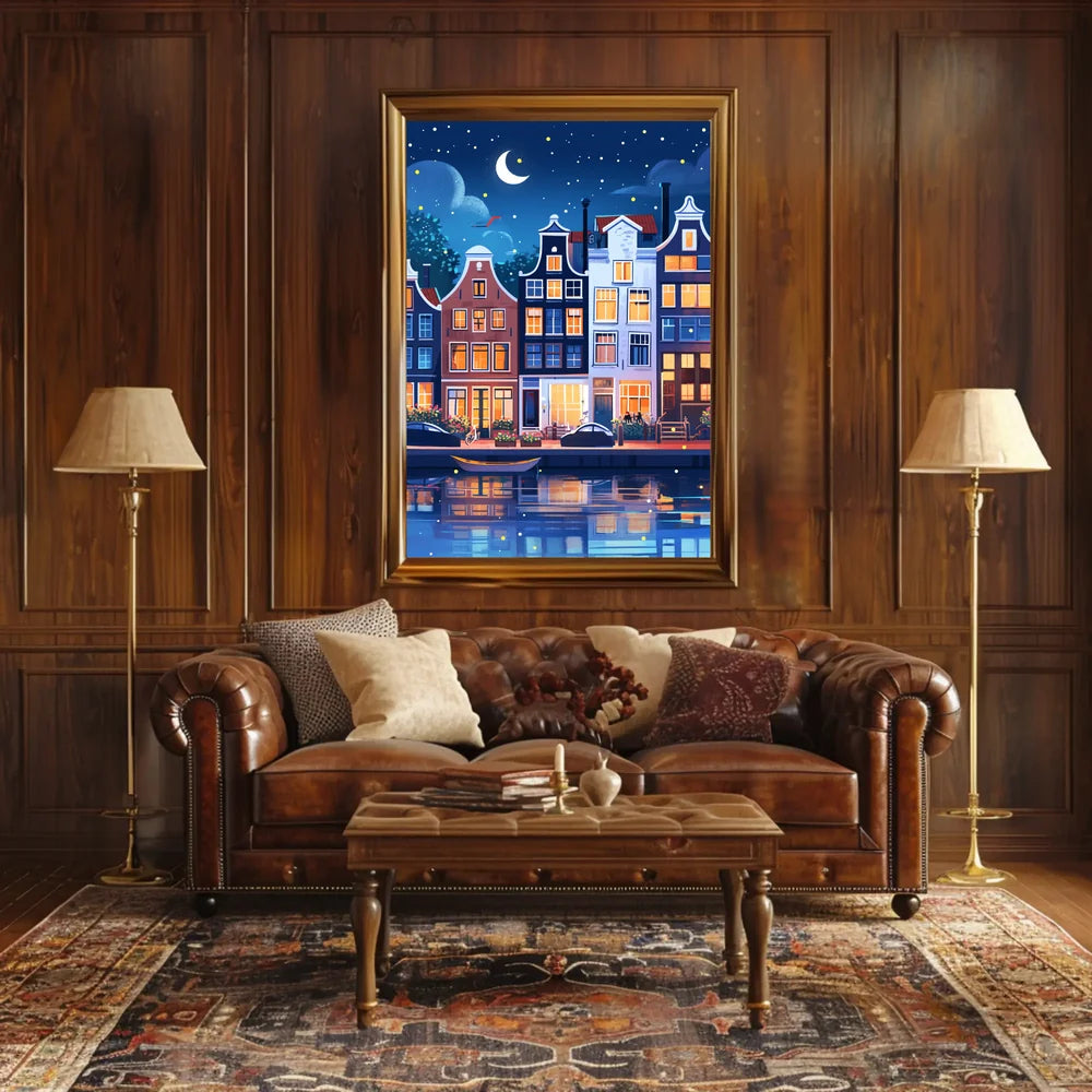 Enchanting European Nightscape: Whimsical Canal Poster