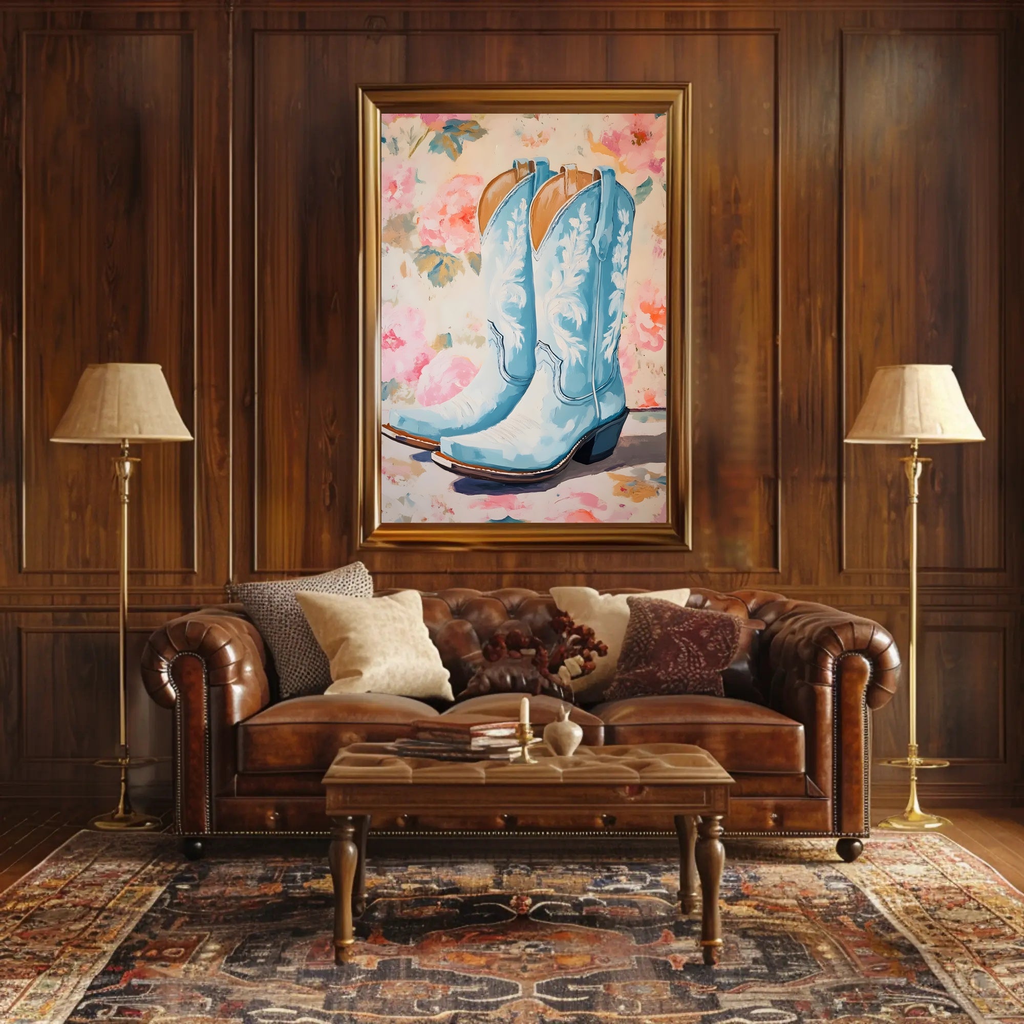 Blue Cowboy Boots Poster Vintage Floral Wall Art