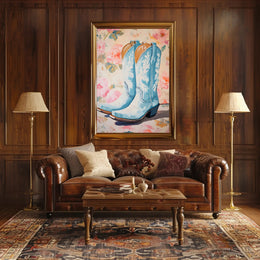 Blue Cowboy Boots Poster Vintage Floral Wall Art