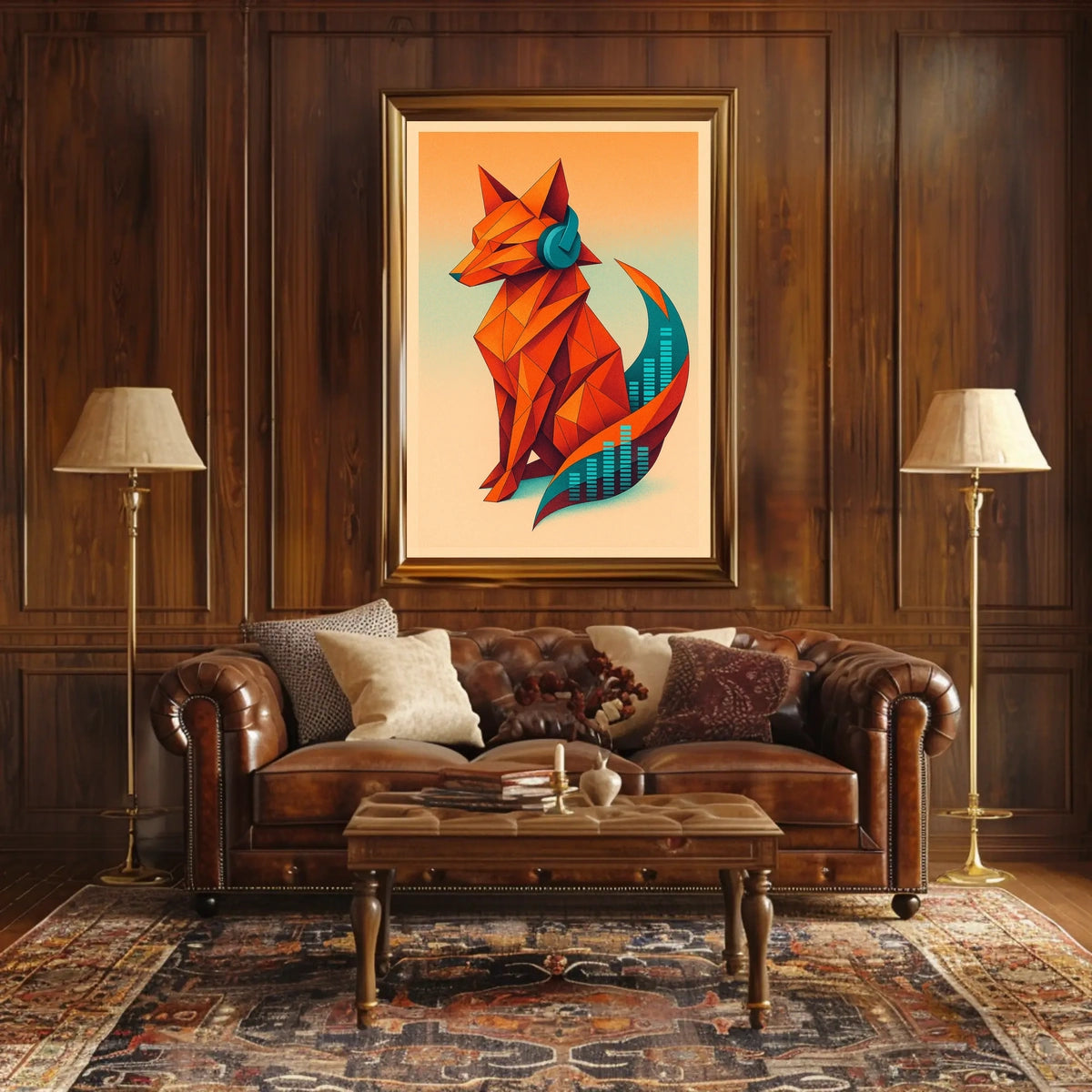 Geometric Fox With Headphones Poster