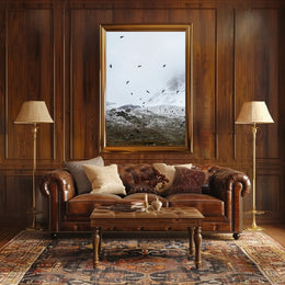 Birds In Flight Over Snowy Peaks Poster
