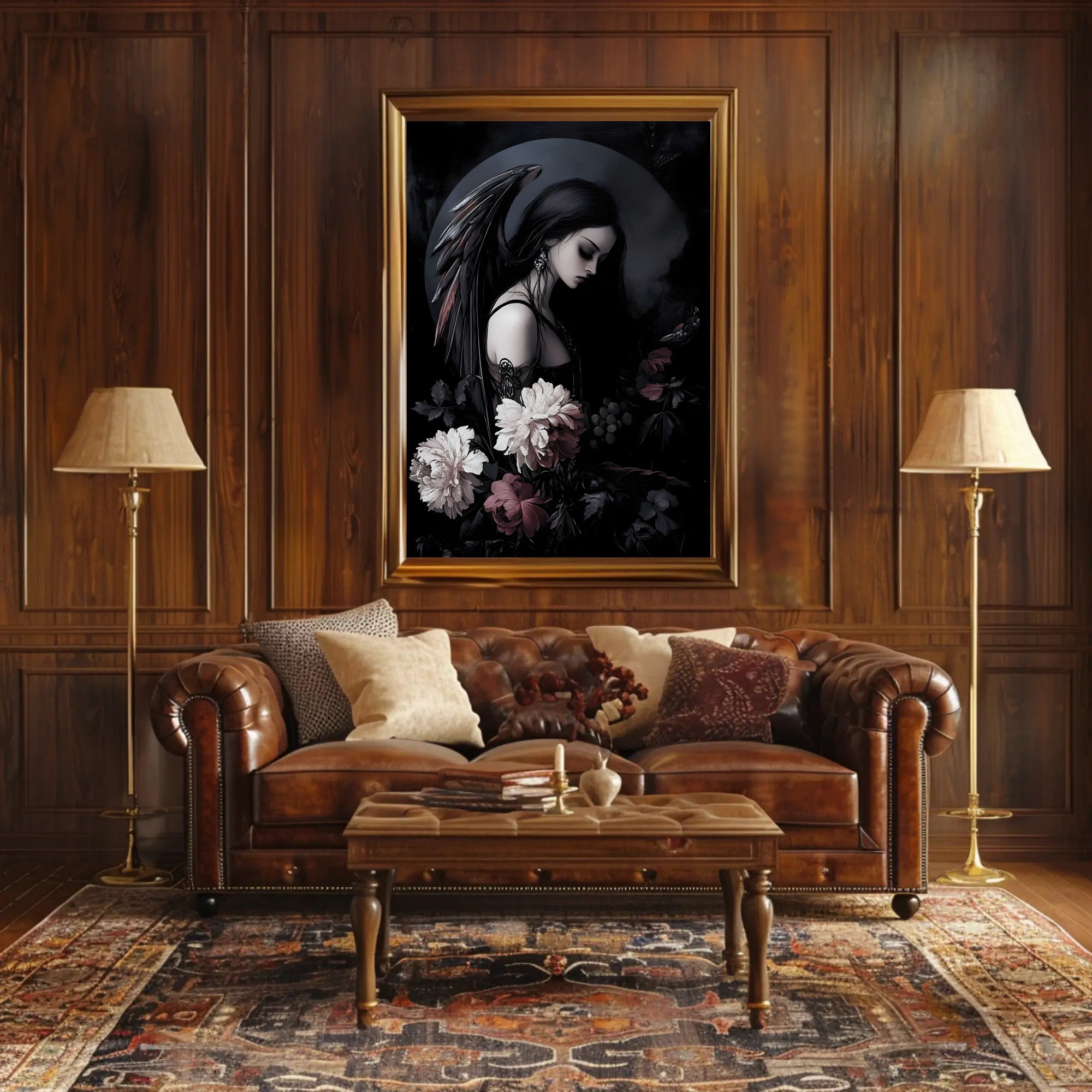 Dark Angelic Fantasy Woman with Dramatic Flowers Poster PosterGoat