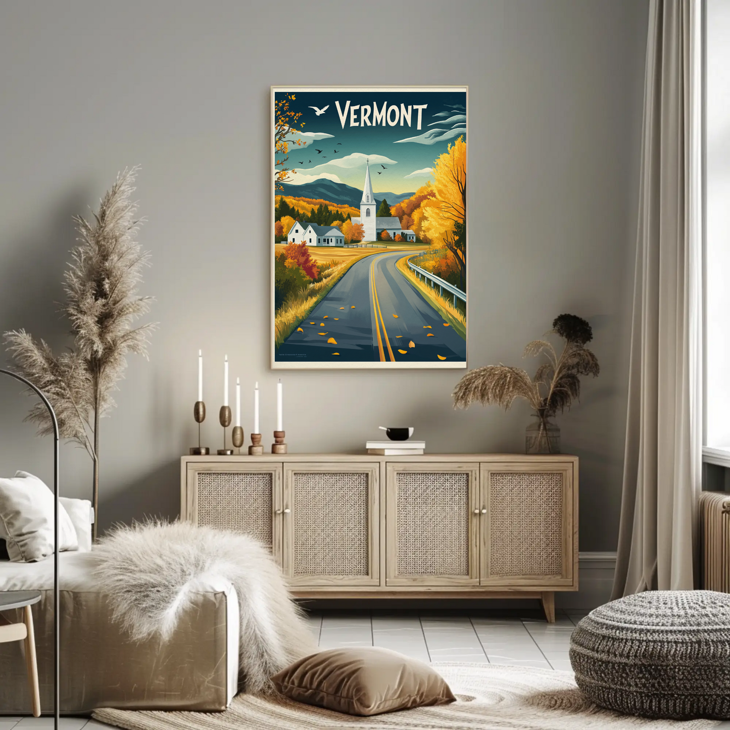 Vermont Vintage Poster - Autumn Road & Church