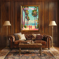 Venice Beach Vintage Travel Art with Palm Trees Scene Travel Poster