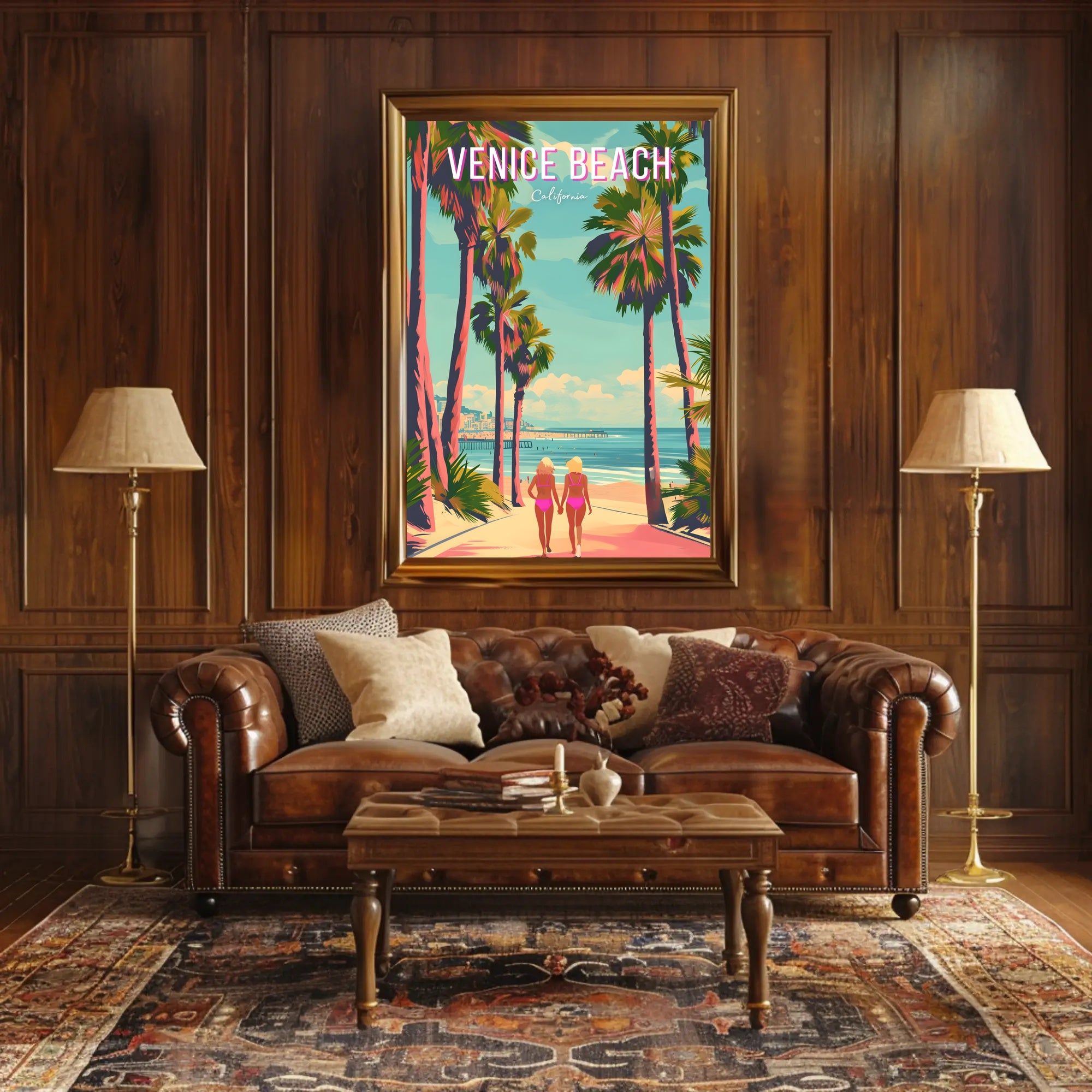 Venice Beach Vintage Travel Art with Palm Trees Scene Travel Poster
