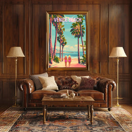 Venice Beach Vintage Travel Art with Palm Trees Scene Travel Poster