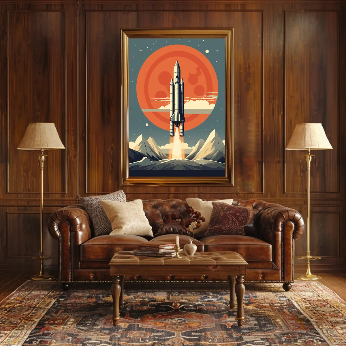 Retro Space Shuttle Launch Scene: Futuristic Sci-Fi Poster
