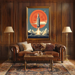 Retro Space Shuttle Launch Scene: Futuristic Sci-Fi Poster