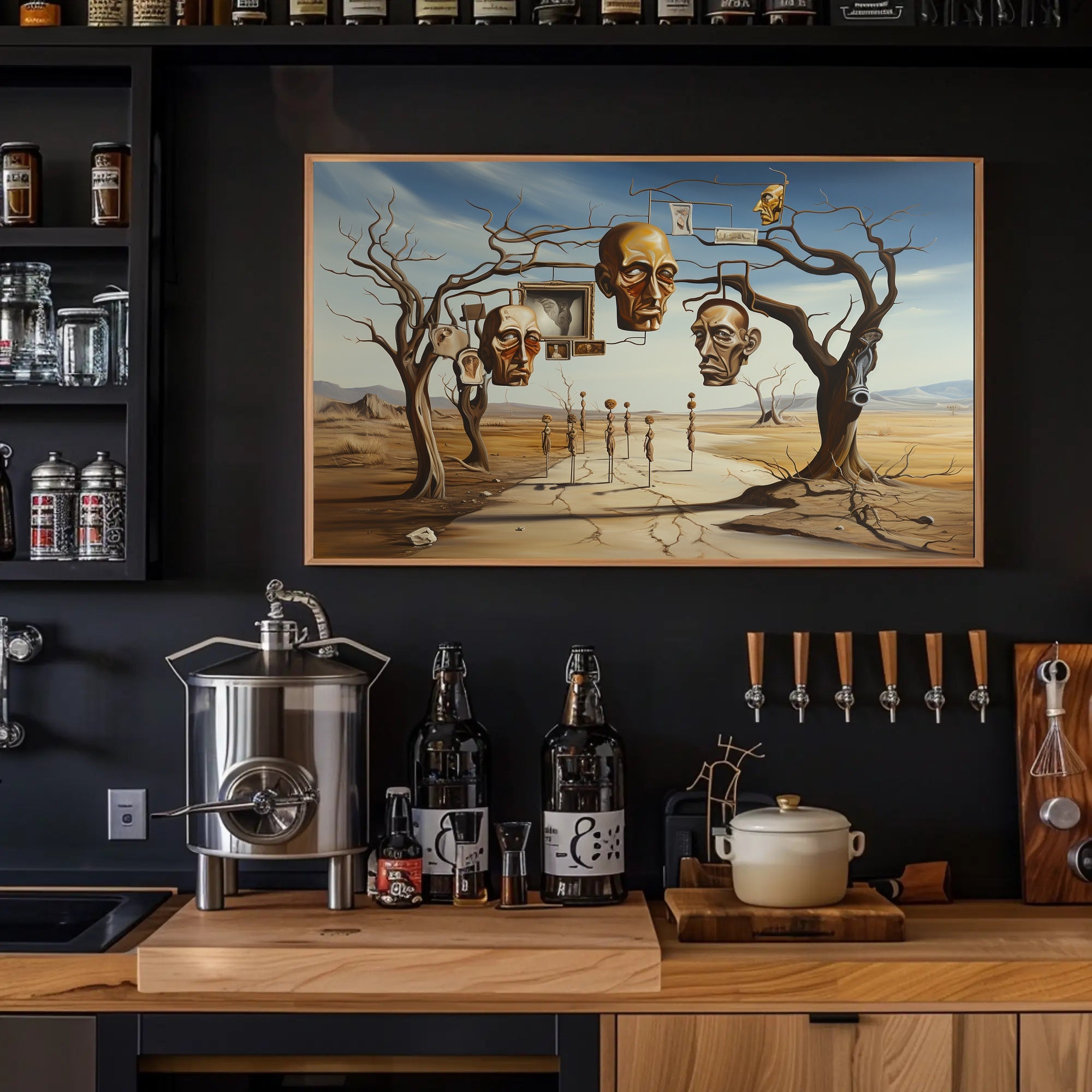 Surreal Desertscape with Floating Bronze Heads Artistic Poster