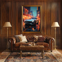 Sleek Urban Sports Car on Vibrant City Street Poster