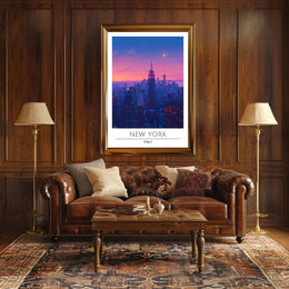 New York City Twilight Skyline Poster Vintage Wall Art