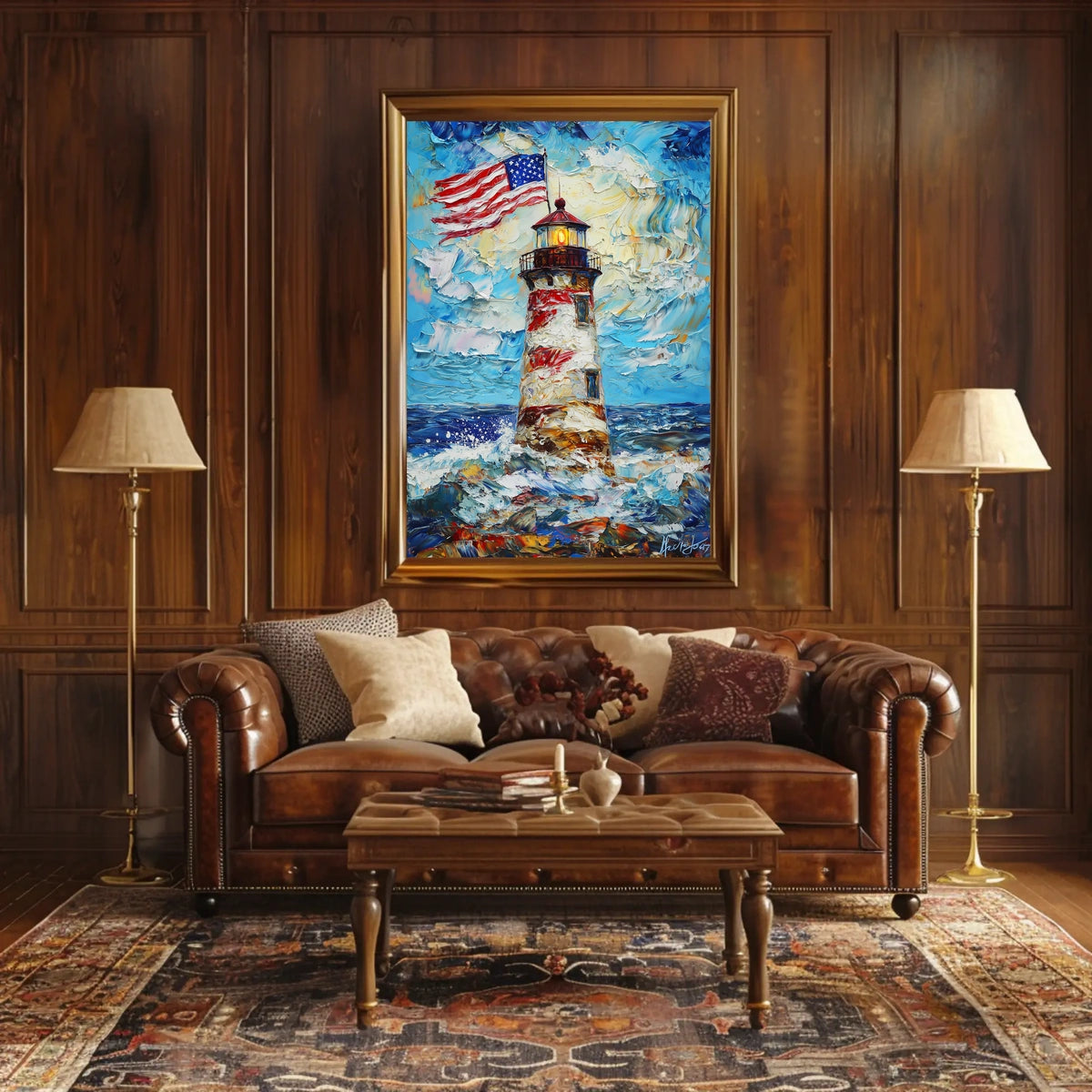Lighthouse By The Ocean With American Flags Poster