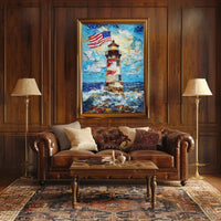 Lighthouse By The Ocean With American Flags Poster