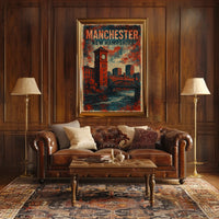 Manchester Clock Tower River Scene Vintage Nostalgic Poster