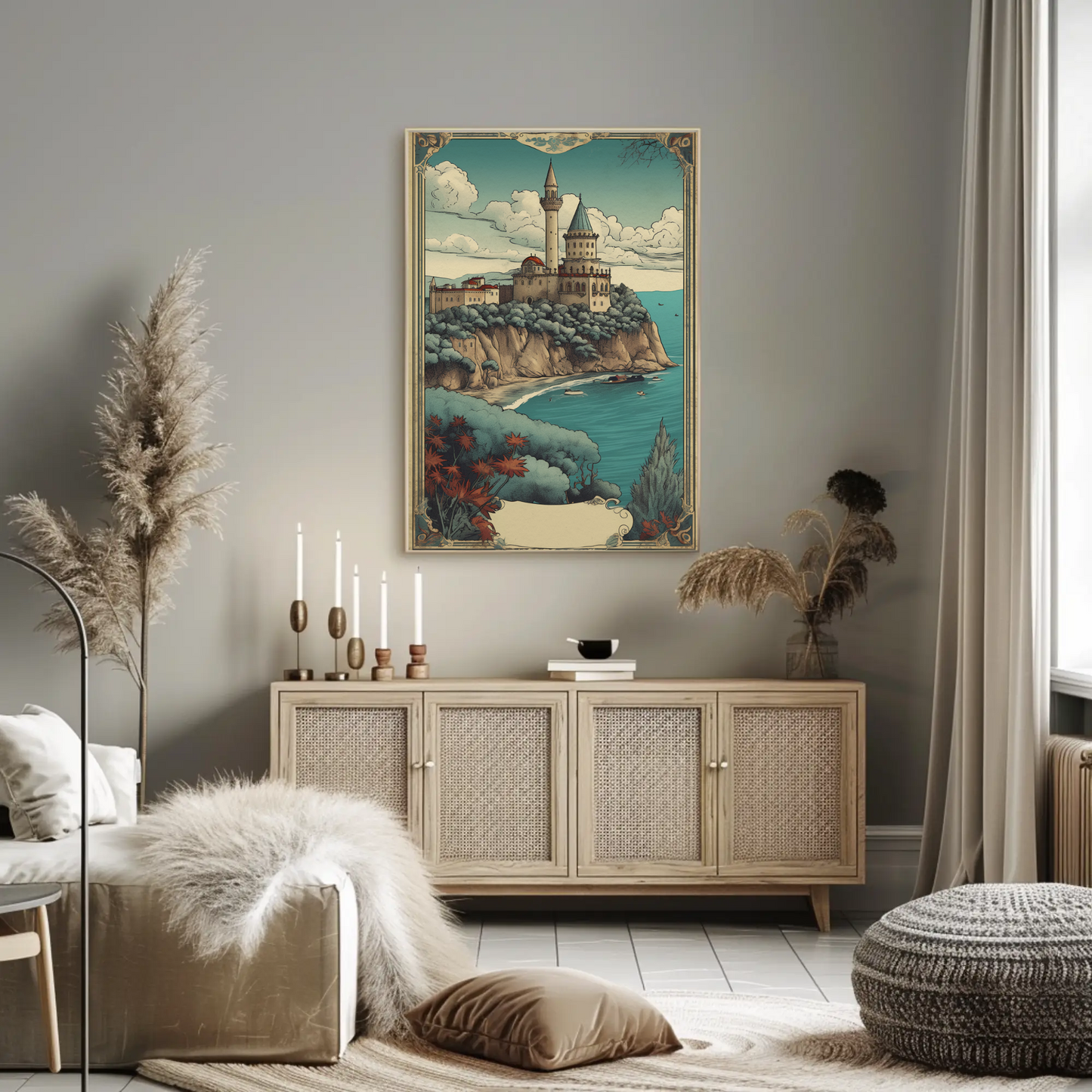 Cliffside Seaside Fortress Vintage Travel Poster