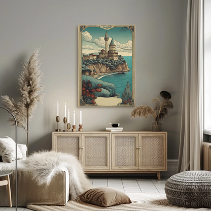 Cliffside Seaside Fortress Vintage Travel Poster